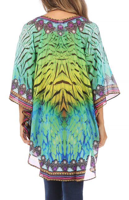 Printed Tie-Neck Circle Blouse