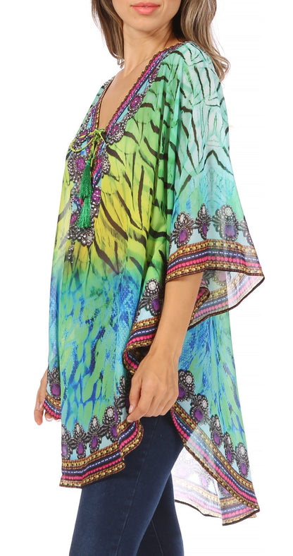 Printed Tie-Neck Circle Blouse