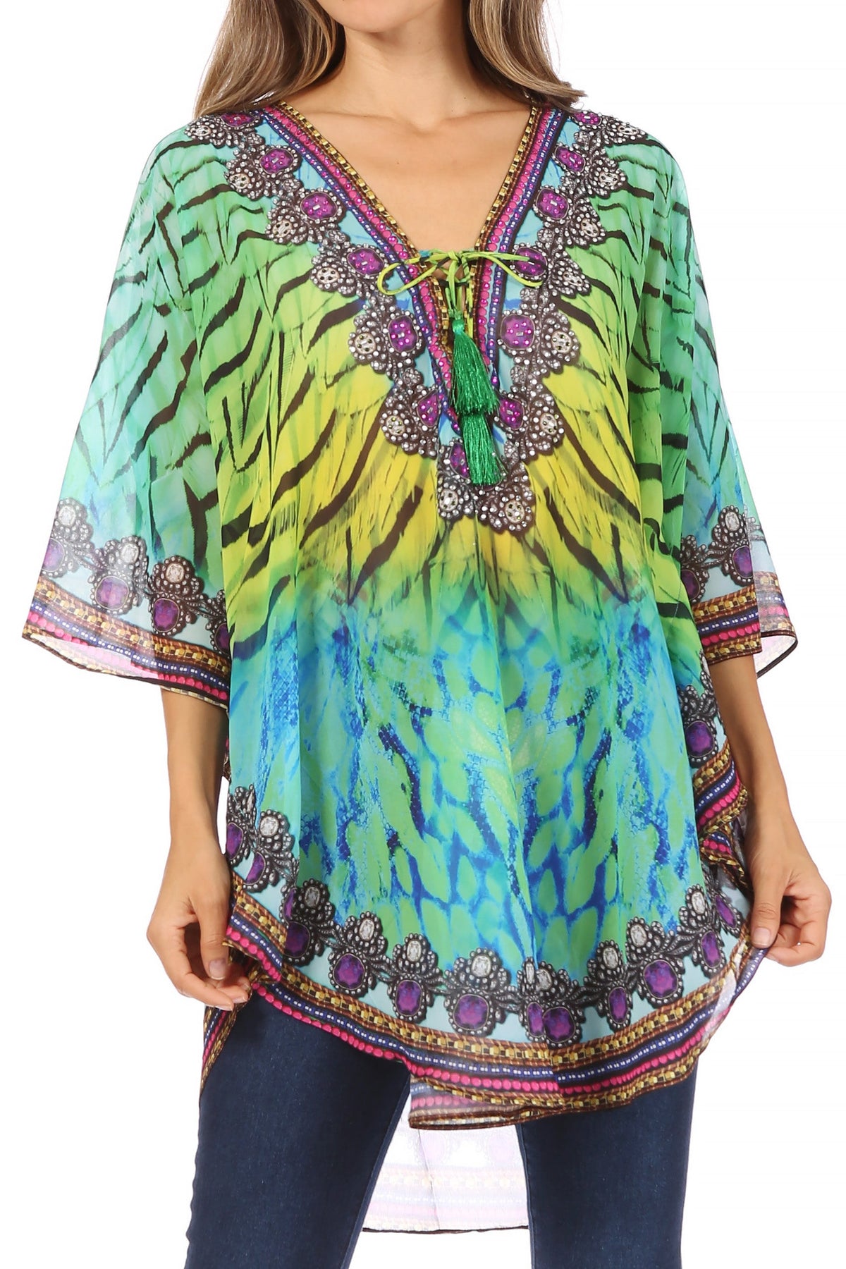 Printed Tie-Neck Circle Blouse