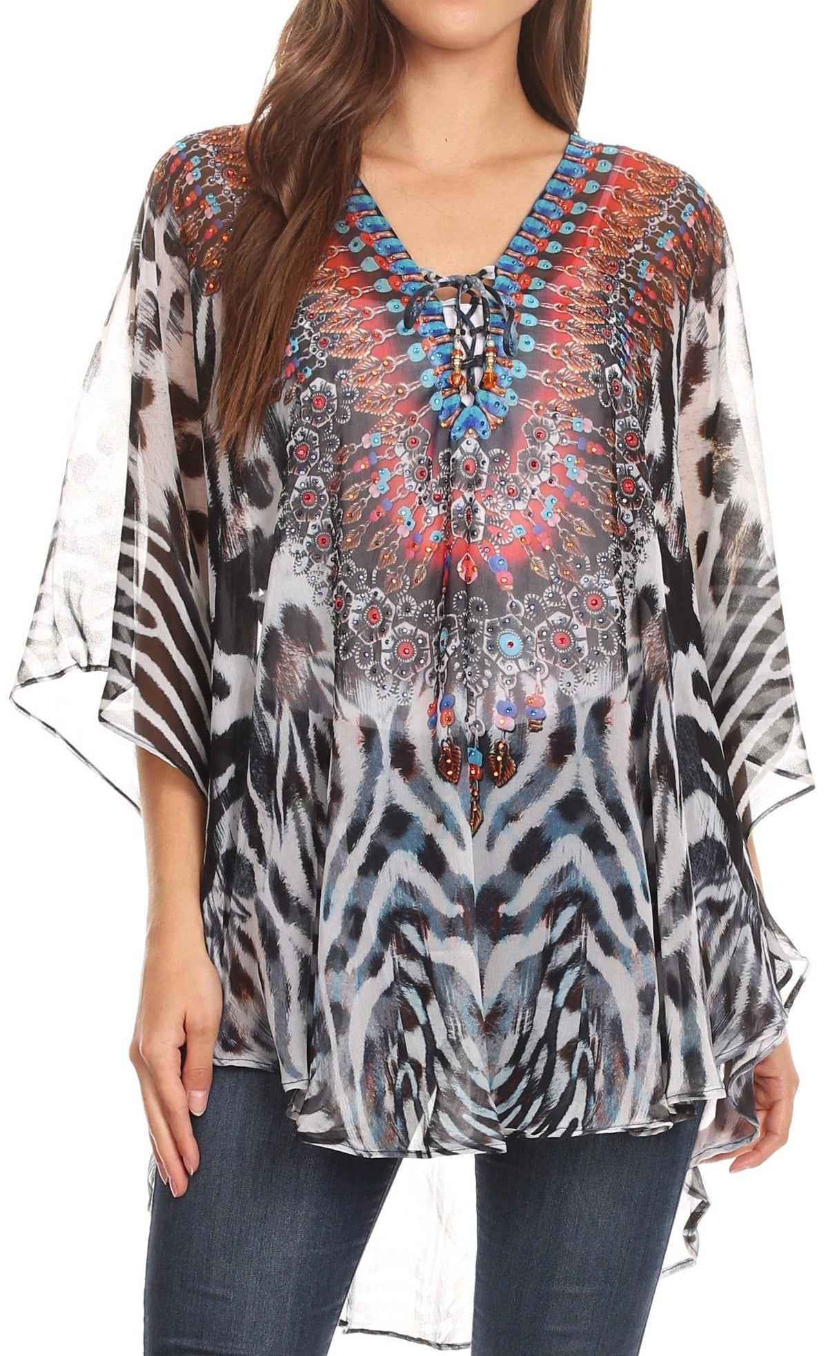 Printed Tie-Neck Circle Blouse