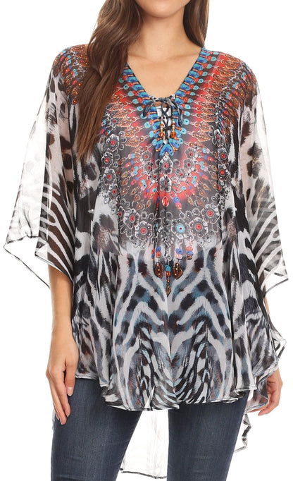 Printed Tie-Neck Circle Blouse