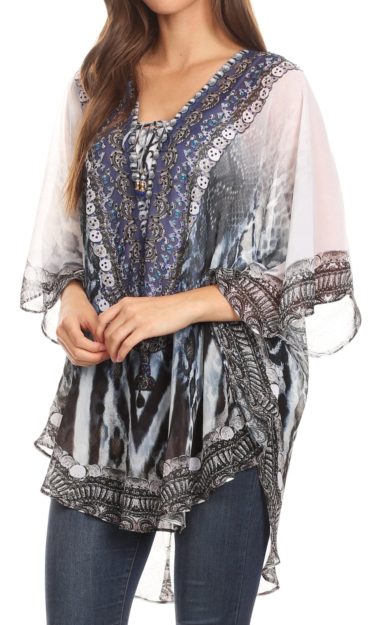 Printed Tie-Neck Circle Blouse