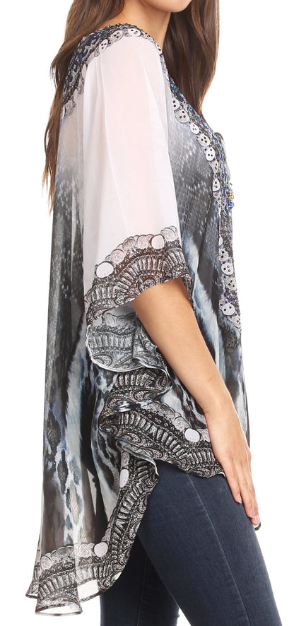 Printed Tie-Neck Circle Blouse