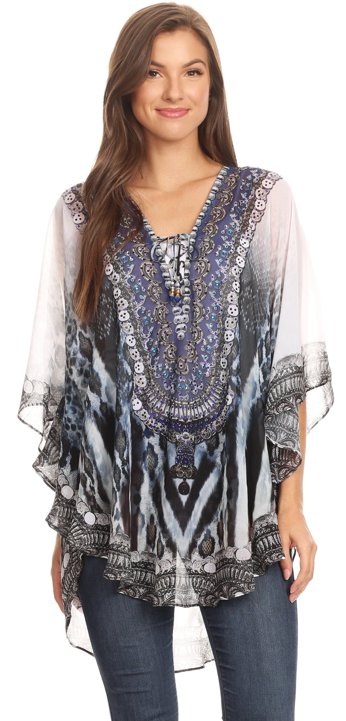 Printed Tie-Neck Circle Blouse