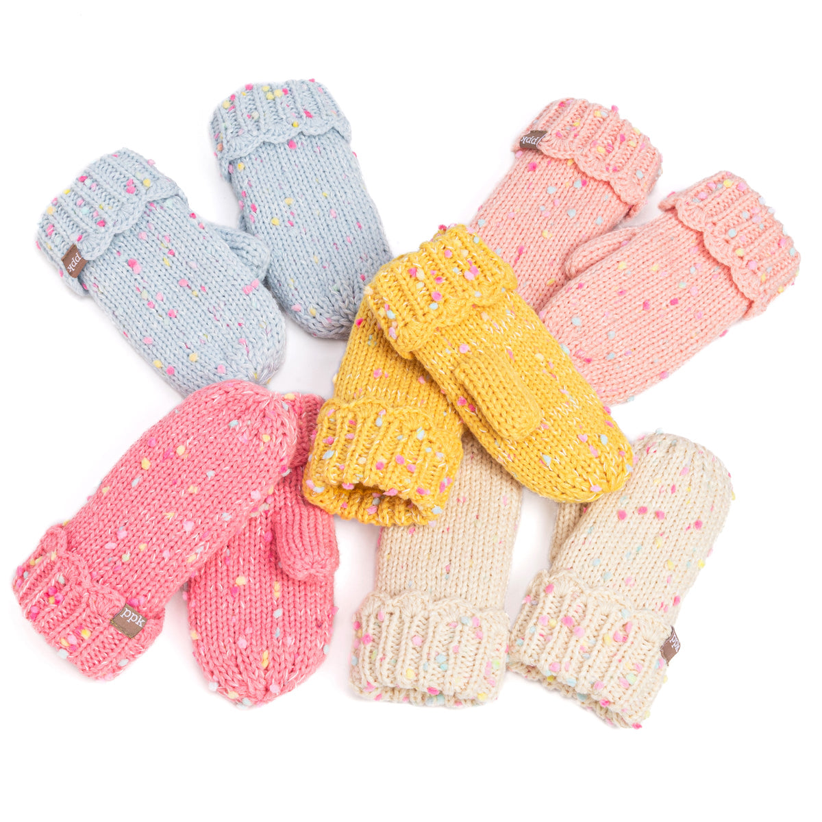 Girls' Speckled Knit Mittens with Scalloped Lace Cuff, Fleece Lined