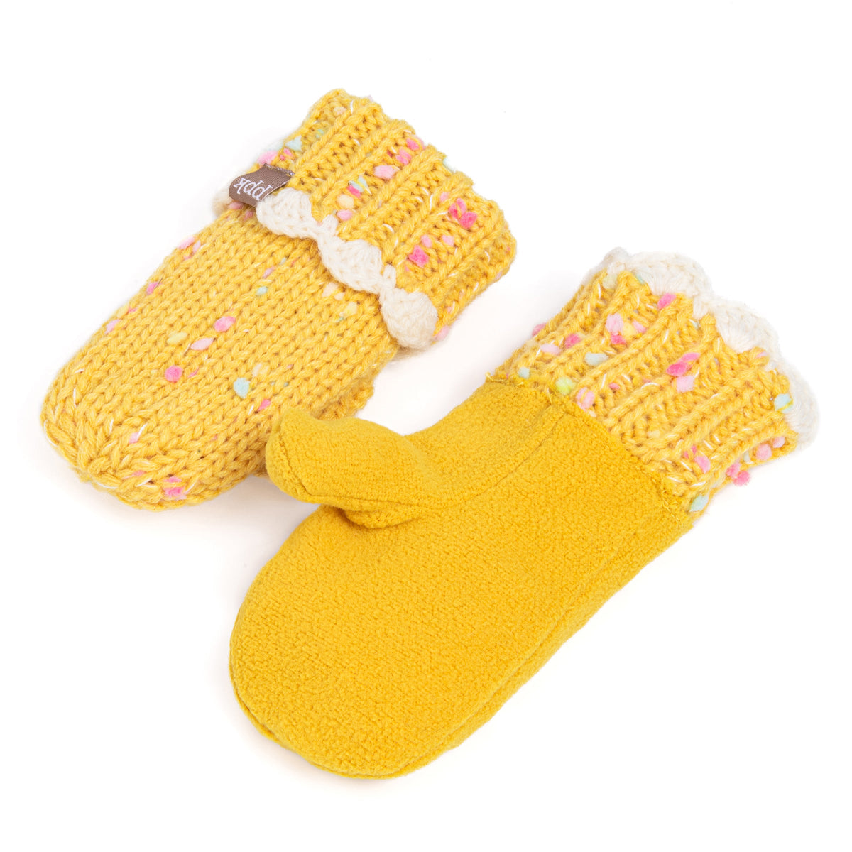 Girls' Speckled Knit Mittens with Scalloped Lace Cuff, Fleece Lined