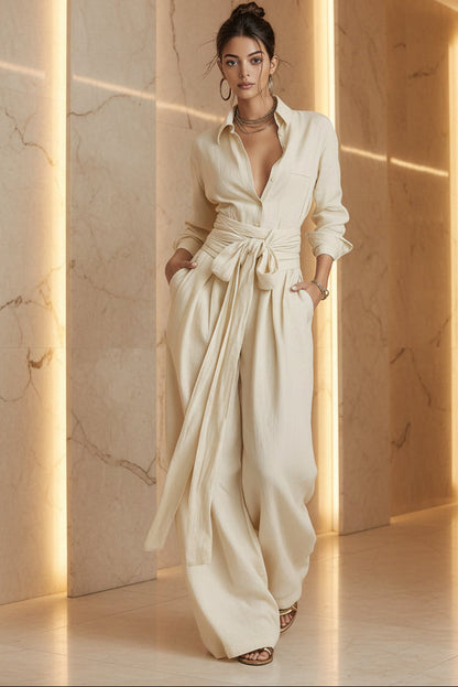 Relaxed Shirt & Wide-Leg Pants Set with Tie Belt