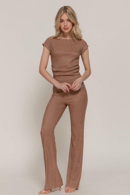 Women's Dolman-Sleeve Top & Flare Pants Wavy Crinkle Set