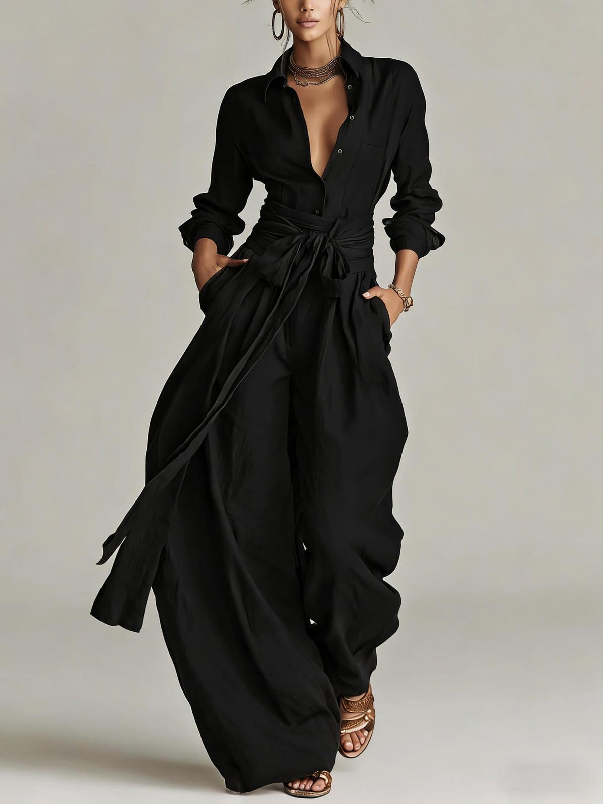 Relaxed Shirt & Wide-Leg Pants Set with Tie Belt