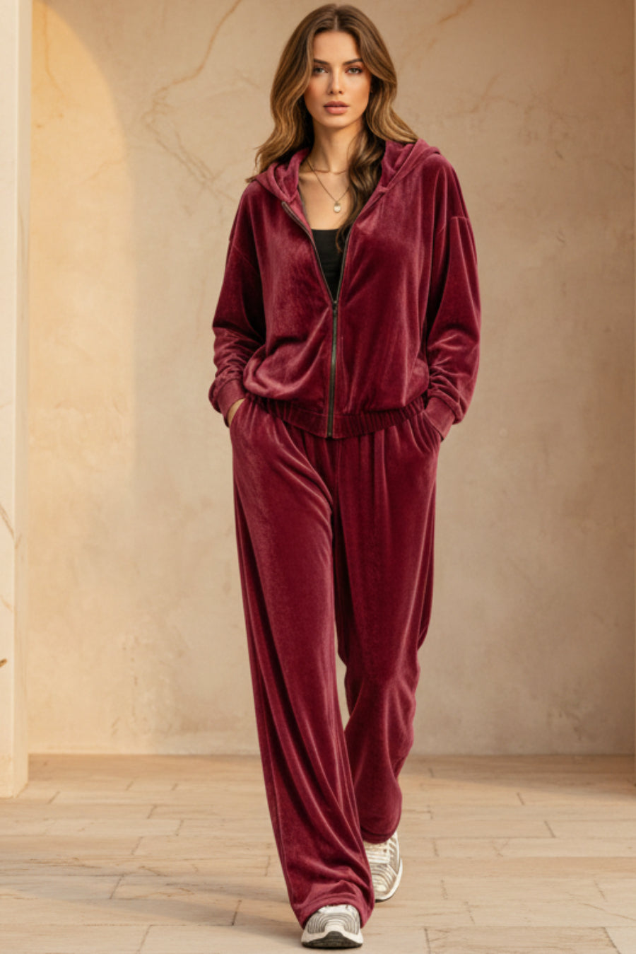 Women's Velvet Zip Hoodie & Wide-Leg Pants Set