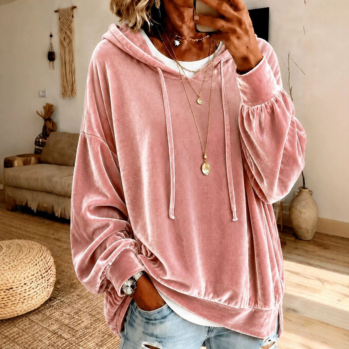 Women's Velvet Drawstring Hoodie with Pockets