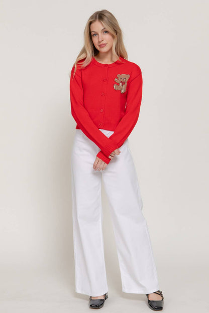 Women's Teddy Bear Embroidered Round Neck Cardigan