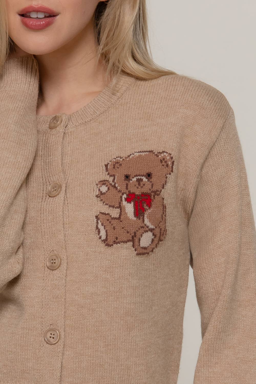 Women's Teddy Bear Embroidered Round Neck Cardigan