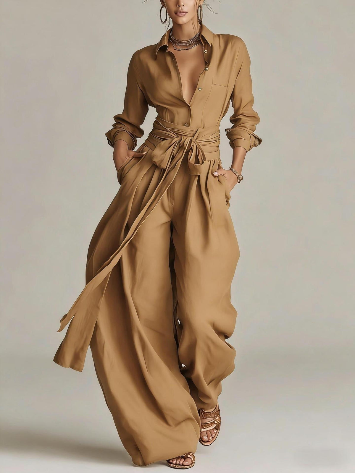 Relaxed Shirt & Wide-Leg Pants Set with Tie Belt