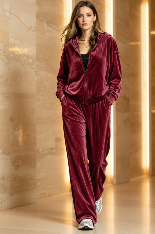 Women's Velvet Zip Hoodie & Wide-Leg Pants Set