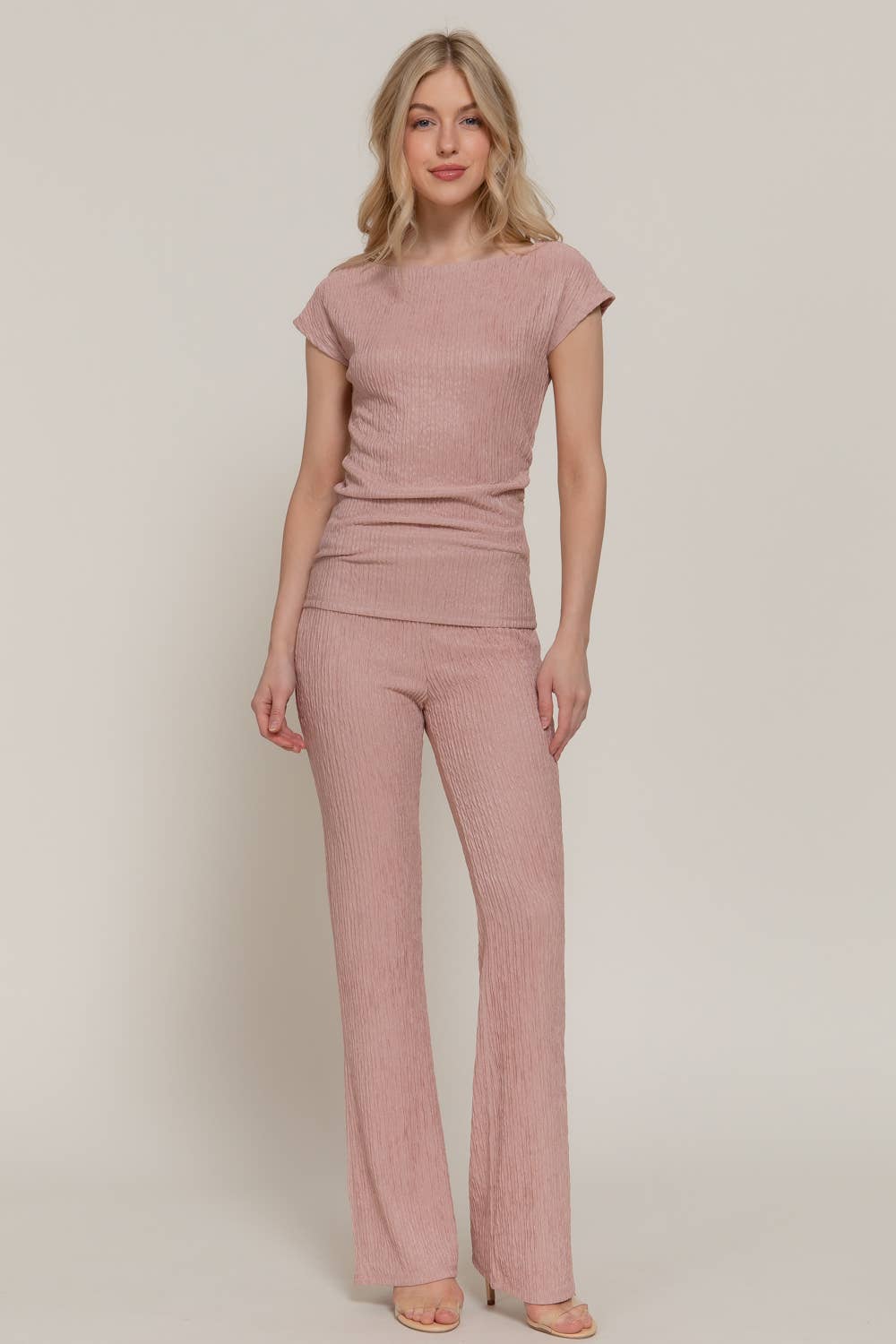 Women's Dolman-Sleeve Top & Flare Pants Wavy Crinkle Set