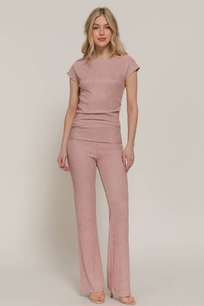 Women's Dolman-Sleeve Top & Flare Pants Wavy Crinkle Set