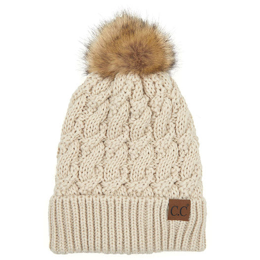Women's Cable-Ribbed Beanie with Faux Fur Pom