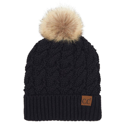 Women's Cable-Ribbed Beanie with Faux Fur Pom