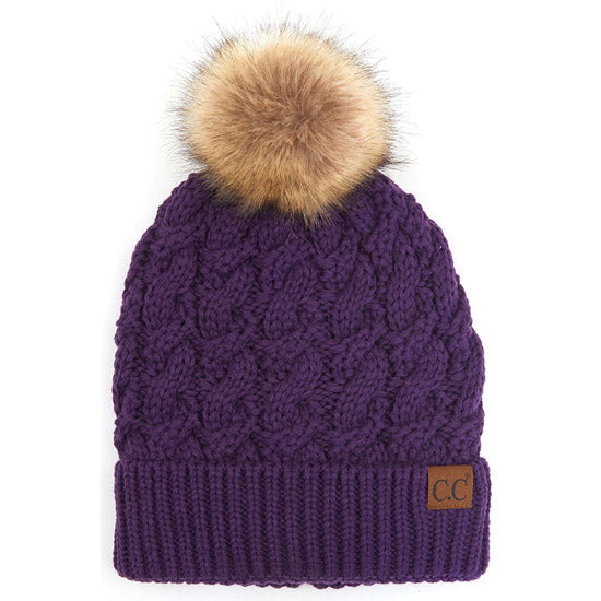 Women's Cable-Ribbed Beanie with Faux Fur Pom