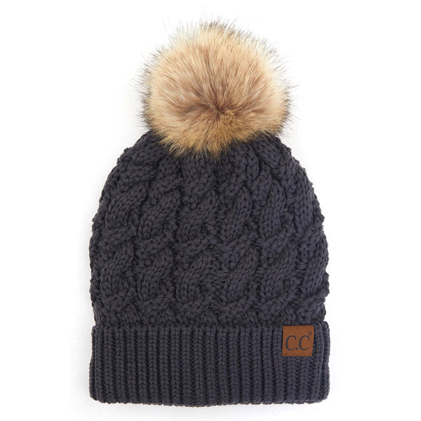 Women's Cable-Ribbed Beanie with Faux Fur Pom