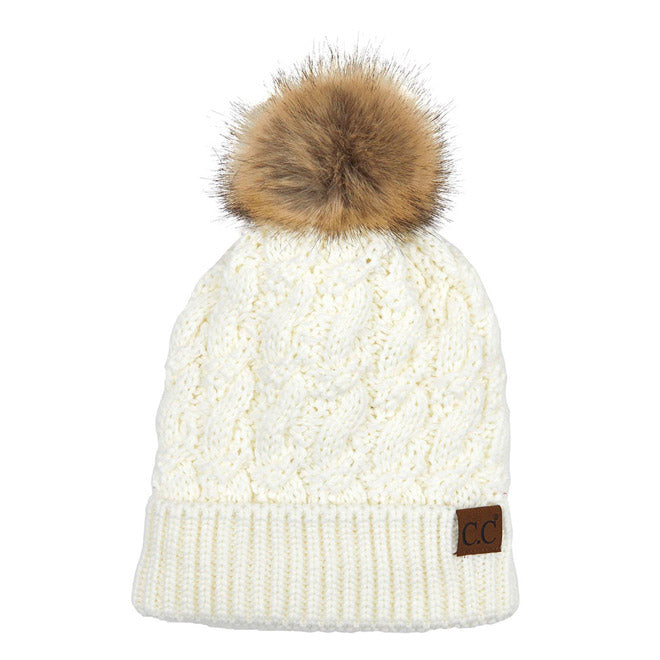 Women's Cable-Ribbed Beanie with Faux Fur Pom