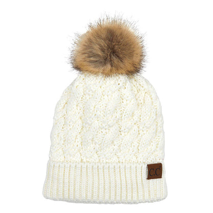 Women's Cable-Ribbed Beanie with Faux Fur Pom