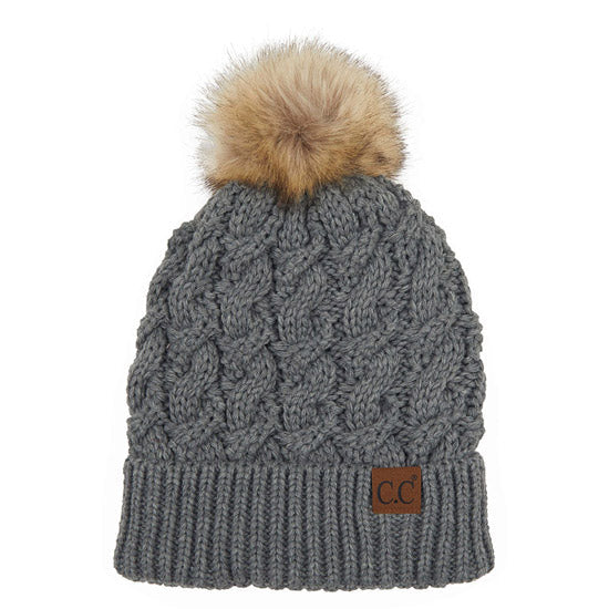 Women's Cable-Ribbed Beanie with Faux Fur Pom
