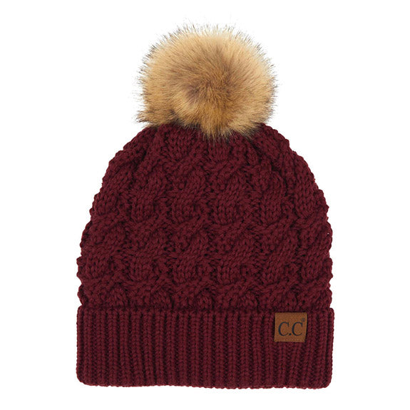 Women's Cable-Ribbed Beanie with Faux Fur Pom