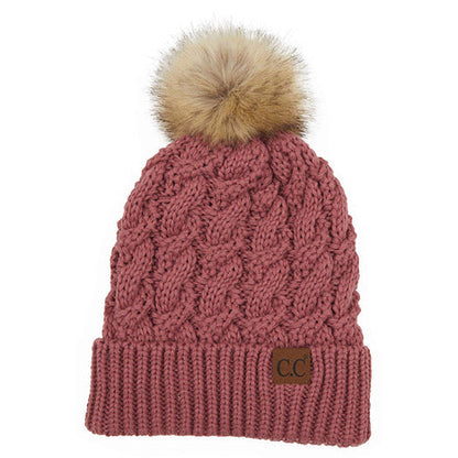 Women's Cable-Ribbed Beanie with Faux Fur Pom