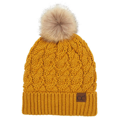 Women's Cable-Ribbed Beanie with Faux Fur Pom