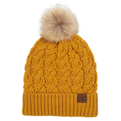 Women's Cable-Ribbed Beanie with Faux Fur Pom
