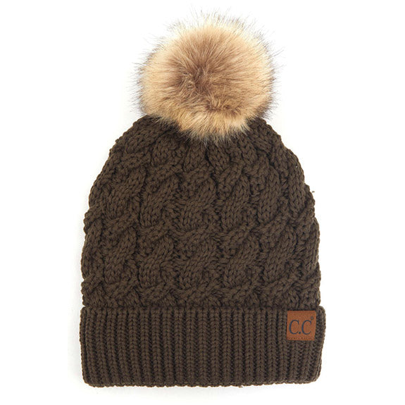 Women's Cable-Ribbed Beanie with Faux Fur Pom