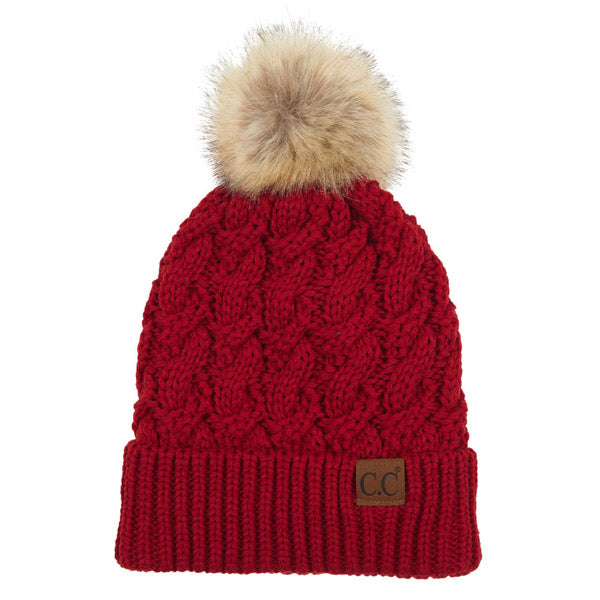 Women's Cable-Ribbed Beanie with Faux Fur Pom