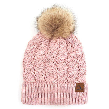 Women's Cable-Ribbed Beanie with Faux Fur Pom