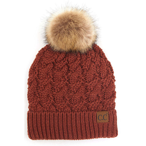 Women's Cable-Ribbed Beanie with Faux Fur Pom