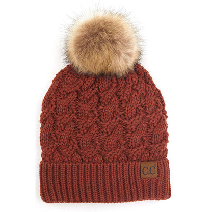 Women's Cable-Ribbed Beanie with Faux Fur Pom