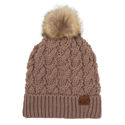Women's Cable-Ribbed Beanie with Faux Fur Pom