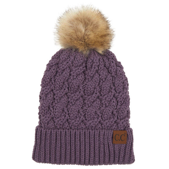 Women's Cable-Ribbed Beanie with Faux Fur Pom