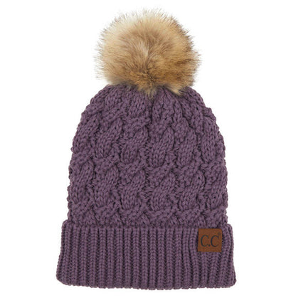Women's Cable-Ribbed Beanie with Faux Fur Pom