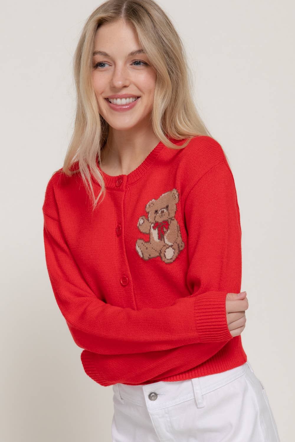 Women's Teddy Bear Embroidered Round Neck Cardigan