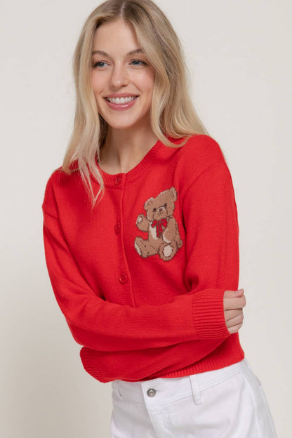 Women's Teddy Bear Embroidered Round Neck Cardigan