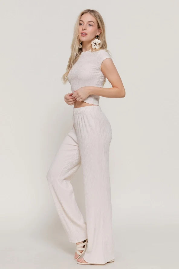 Women's Crew Neck Top & High-Waist Flare Pants Crinkle Set