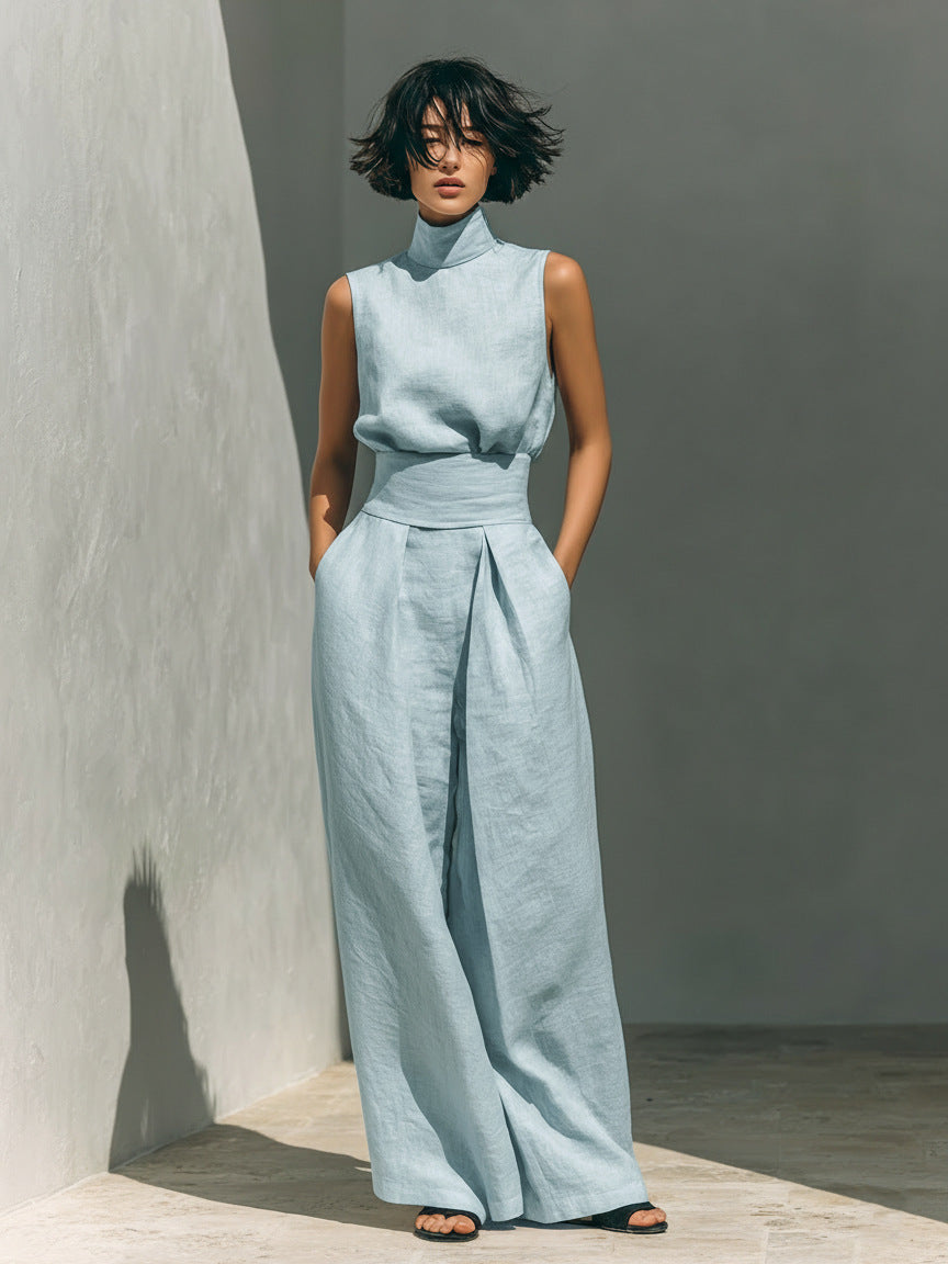 Women's Linen-Blend Top & Wide-Leg Pants Set