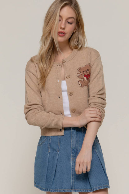 Women's Teddy Bear Embroidered Round Neck Cardigan