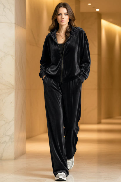 Women's Velvet Zip Hoodie & Wide-Leg Pants Set