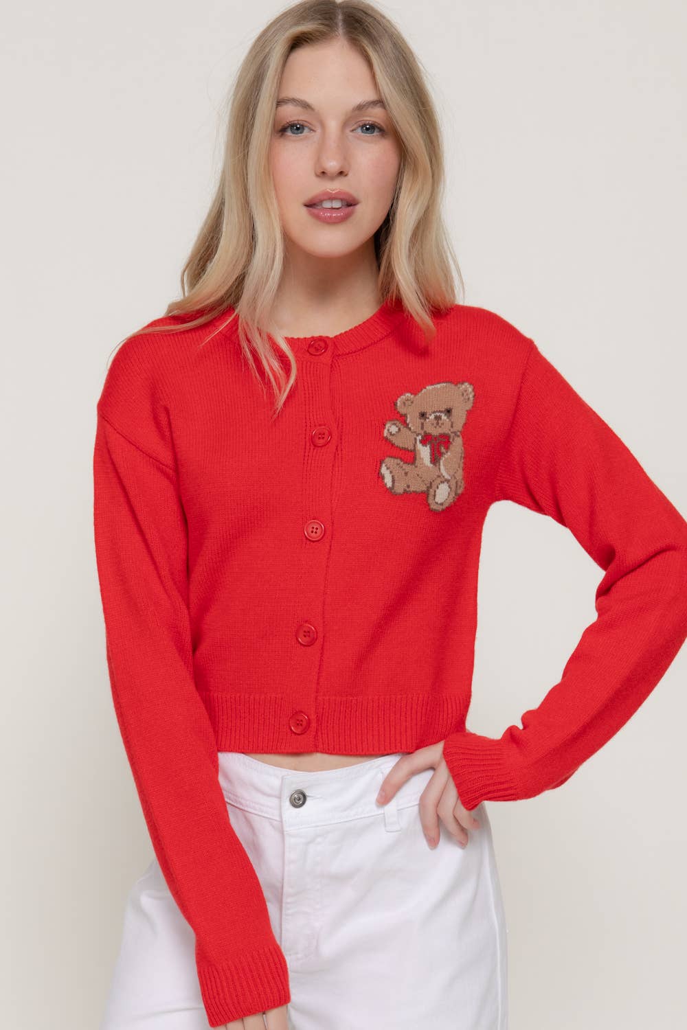 Women's Teddy Bear Embroidered Round Neck Cardigan