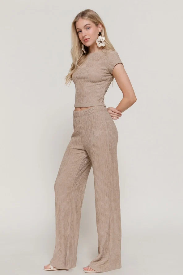 Women's Crew Neck Top & High-Waist Flare Pants Crinkle Set