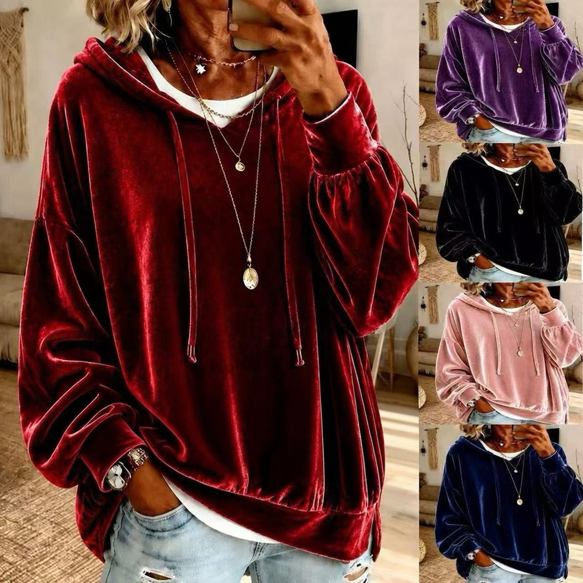 Women's Velvet Drawstring Hoodie with Pockets