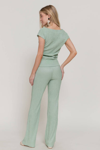 Women's Dolman-Sleeve Top & Flare Pants Wavy Crinkle Set